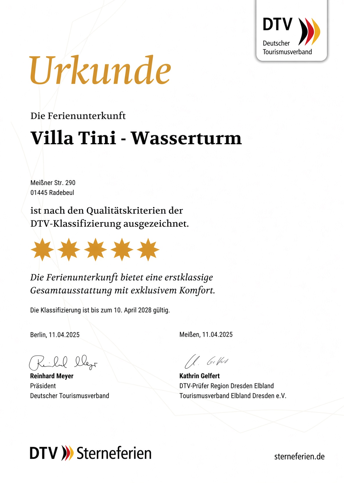 DTV-Urkunde: Villa Tini - Wasserturm mit 5 Sternen klassifiziert